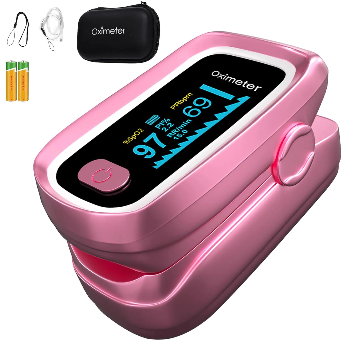 Oximeter SpO2 Pulse Oximeter 4 Data Pulse Oximeter with Respiration Respiration Rate Monitor Pulse Oximeter with Bag and Lanyard (Pink)