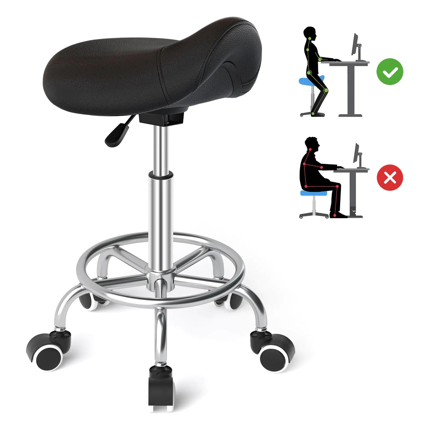 YEEZEE Saddle Stool Ergonomic- Comfortable Rolling Saddle Stool with Wide Thick Saddle Seat Padding Swivel Adjustable Saddle Chair with Wheels and Ring Pedal for Medical Massage Salon (Dark Black)