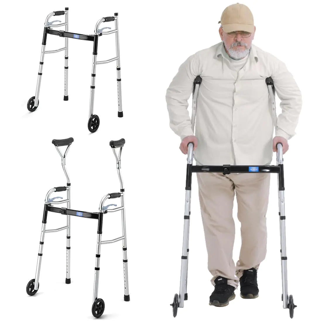 GreenChief Walkers for Seniors Foldable Standard Walker with Adjustable Width Folding Walker with Arm Support 2 Wheels Walker for Elderly Handicapped Disabled (300LB)
