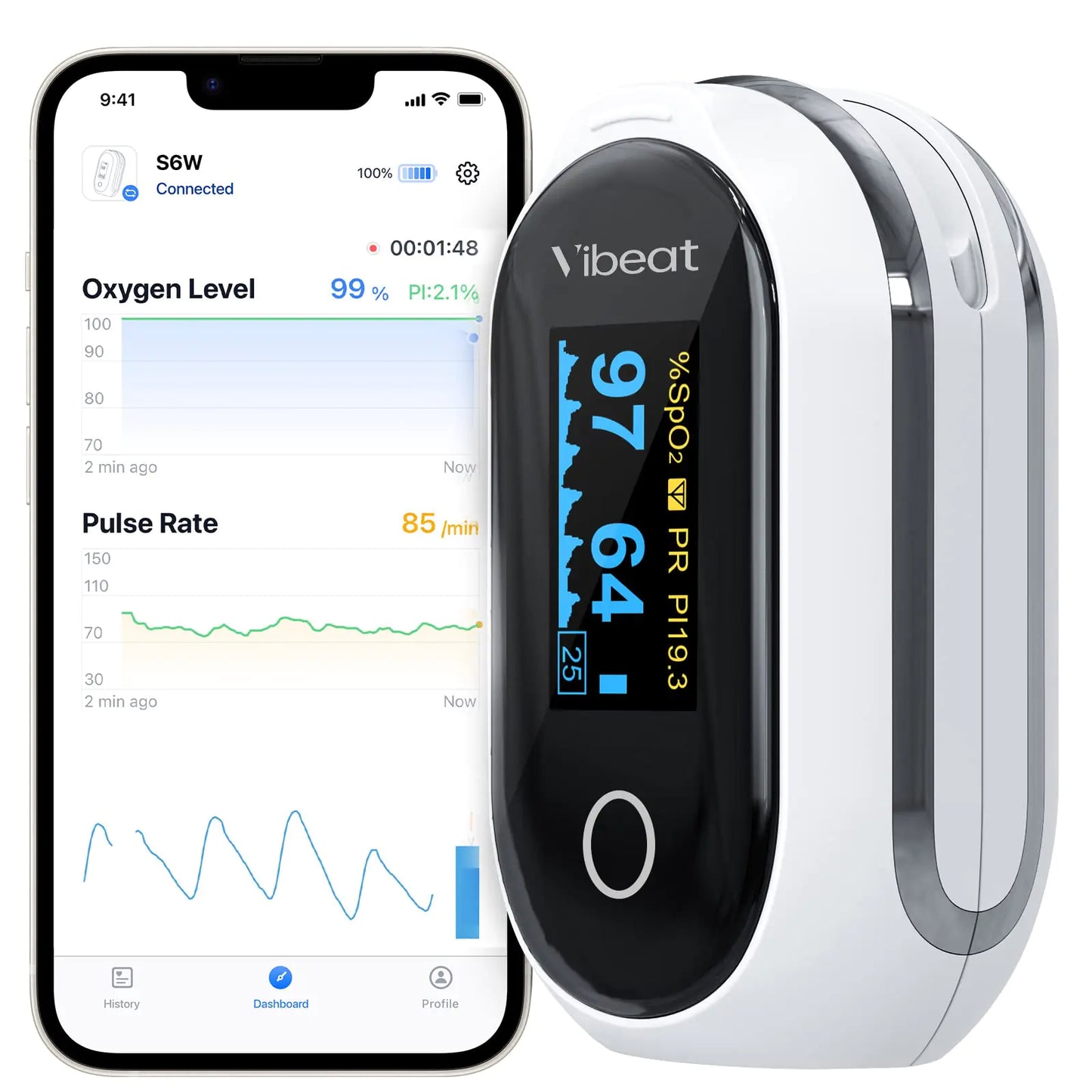 Vibeat Rechargeable Oxygen Meter Finger Pulse Oximeter Bluetooth Fingertip Blood Oxygen Saturation Monitor with Pulse Rate Batteries and Lanyard Included Free APP