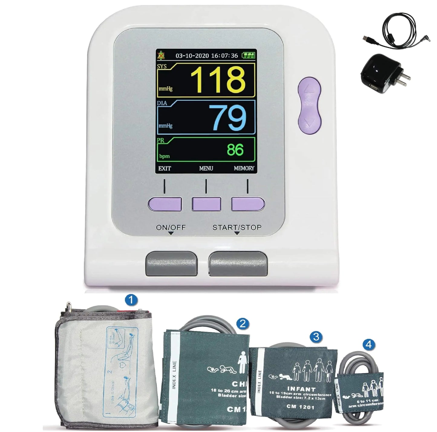 Upper Arm Electronic Automatic Blood Pressure Monitor Cuff BP Machine 4 Cuffs Free Software for Adults Kids Children Newborn with AC/DC Adapter